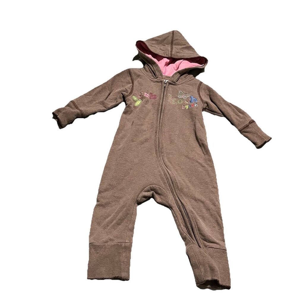 Vintage OshKosh B Gosh Brown Full Zip Hooded Romper One Piece Jumpsuit Size 12M